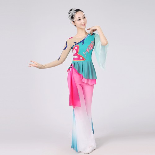Green gradient Chinese Ancient Traditional Plus Size Dress Chinese Yangko Dance Costume Folk Dance Costume Fan Dance Costumes